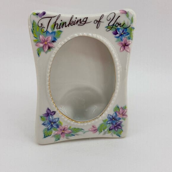 Vintage Porcelain Tabletop Picture Frame "Thinking of You" Blue & Purple Florals - Picture 1 of 6